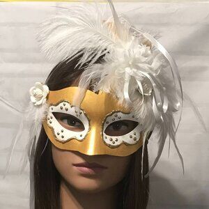 Mardi Gras MASK Gold & White feather Plume, flowers, ribbon, pearls